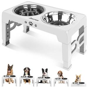 lot 19097 image: Jovrun Elevated Dog Bowls for Medium Large Size Dogs, Non-Slip Dog Feeder with 1Stainless Steel Dishes and 1Slow Feeder Bowl, 5 Heights Adjustable Raised Bowls to 3.15-8.66-9.84-11.02-12.2