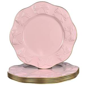 lot 19103 image: UOEKCS Round Pink Charger Plates, Set of 6, 13inch Plastic Bow Embossed, bulk Wedding, Party, Holiday Table Setting.