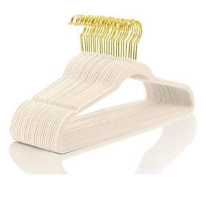 lot 19115 image: MIZGI Premium Velvet Hangers Pack 50 Pcs Heavyduty - Non Slip Slimline - Velvet Suit Hangers Ivory - Gold Hooks,Space Saving Clothes Hangers �