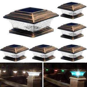 lot 19130 image: HUYIENO Solar Post Cap Lights Outdoor LED Lighting Deck Fence Two Modes Warm White7 RGB Color Changing Suitable for 4x4 5x5 Wooden Brushed Copper 6pk.