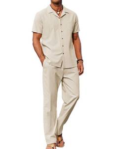 lot 20316 image: COOFANDY Menfts Beach Outfits 2 Piece Linen Sets Casual Button Down Cuban Shirt and Loose Pant Sets (GREEN LEAF PRINT)