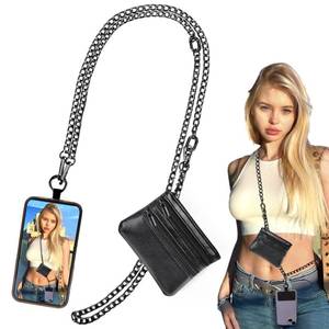 lot 20328 image: XANGNIER Clip and Go Strap for Phone with Wallet Crossbody, Phone Strap with Zippered Wallet, Adjustable Anti Theft Cellphone Lanyard for Women, Cellphone Chain Accessories,Chain Black