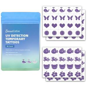 lot 20329 image: UV Temporary Tattoos Stickers for Sunscreen - 80 Count UV Detection Temporary Tattoos Stickers, Know When to re-Apply Sunscreen, Sun Protection Reminder, 8 Cute Pattern Types, Gray before Color Change (Open Box, May Be Missing Pieces)