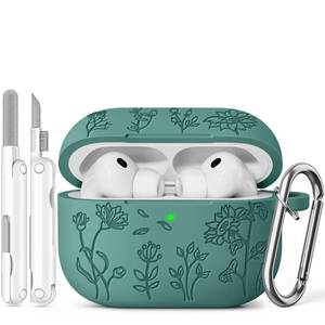 lot 20345 image: Ensfomte for AirPods Pro 3 Case (2025) with Cleaner Kit,Cute Flower Engraved Soft Silicone Protective Case Cover Compatible with Apple AirPods Pro 3rd Generation for Women Men with Keychain,Pine Green