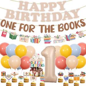 lot 20356 image: Book Birthday Party Decorations Balloons - 33 Pcs One For The Books Birthday Theme 1st Banner Garland Foil Balloons Storybook Cake Cupcake Toppers For Reading Library Club Book Party Supplies