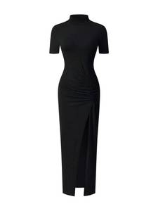 lot 20358 image: RoseSeek Womenfts Short Sleeve Maxi T Shirt Dress Mock Neck Ruched High Slit Long Casual Summer Tee Dresses Black Small