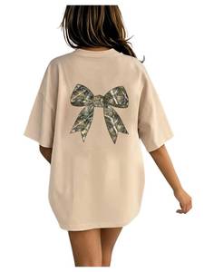 lot 20368 image: RoseSeek Girlfts Bow Leopard Graphic Tees Short Sleeve Preppy Summer T Shirt Aesthetic Baggy Tops Apricot Beige 11Y