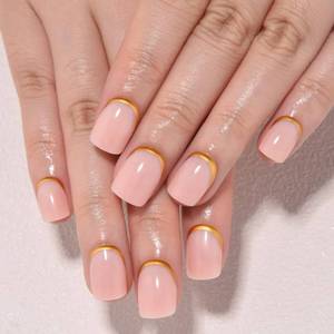 lot 20379 image: evpct Nude Glossy Press on Nails Short Square with 3D Gold Line, Glossy Ndue Fake Nails Reusable Acrylic False Nail Stick on Press ons for Women Gifts, Perfectly Fit False Nail Kit Gel 30Pcs