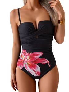 lot 20435 image: Eomenie Womenfts Push Up Wrap Front Swimsuit One Piece Tummy Control Bathing Suits Bandeau Support Slimming Swimwear (2XL, Used)