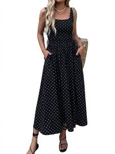 lot 20436 image: Mieazom Women�s Boho Summer Maxi Dress with Pockets, Adjustable Waist, Sleeveless Casual Ruched Sundress for Beach Vacation Black Polka dots XL