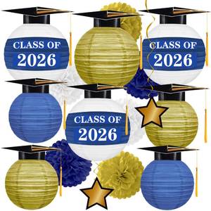 lot 20442 image: 16Pcs Graduation Cap Paper Lanterns Party Decorations - Blue and Gold DIY Class of 2026 Hanging Decor with Grad Hat Tassel - Style 2