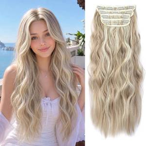 lot 20462 image: Clip in Natural Hair Extensions Long Wavy 4PCS Thick Hairpieces Dark Ash Blonde Mixed Bleach Blonde Double Weft Synthetic 20 Inch for Women (4pcs, 20Inch, 16H613#)