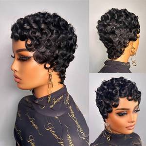lot 20477 image: Flandi Short Pixie Cut Wigs for Black Women Human Hair Glueless Pixie Cut Human Hair Wigs With Bangs Brazilian Virgin Curly Human Hair (1b)
