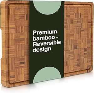lot 13113 image: Cactus and Cubby Premium Bamboo Cutting Board. Deluxe Deep Carbonised End Grain Wooden Cutting Board. 16.5in x 11.8in. Pre-oiled Butcher Block for Prepping and Serving. Knife Friendly