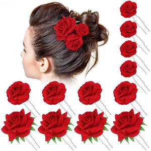 lot 1078 image: BBTO 12 Pcs Rose Hair Clip Mexican Hair Accessories for Flamenco Dancer Women Mexican Flowers Bridal Christmas Flower Clips for Holiday Wedding Dance Birthday Bridesmaid(Red)