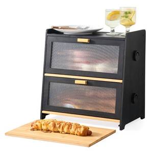lot 1083 image: Mirror Vault 2-Tier Large Bread Box for Kitchen Countertop - Double Wooden Bread Storage Container with Bamboo Cutting Board & Adjustable Air Vents, Midnight Black (Space Saving Corner Bread Box)