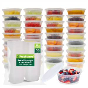 lot 1085 image: Freshware Food Storage Containers 50 Set 8 oz Plastic Deli Containers with Lids, Slime, Soup, Meal Prep Containers, BPA Free, Stackable, Leakproof, Microwave, Dishwasher and Freezer Safe