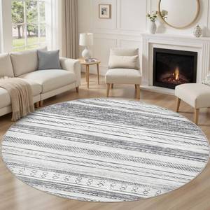 lot 1100 image: Tortania 5 Round Area Rug Living Room Rugs - Washable Large Soft Neutral Boho Moroccan Bohemian Farmhouse Rug Indoor Floor Carpet for Bedroom Under Dining Table Home Office Decor - Grey
