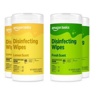 lot 1122 image: Amazon Basics Disinfecting Wipes, Lemon & Fresh Scent, Sanitizes, Cleans, Disinfects, Deodorizes, 340 Count (4 Packs of 85), Packaging May Vary