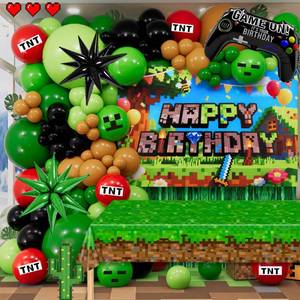 lot 2036 image: Pixel Gamer Birthday Decorations for Boys�� All in One Party Decor Kit with Authentic Biome Colors (Cocoa Brown, Jungle Green, Black) �� Includes TNT & Controller Foil Balloons, Backdrop, and Tablecloth