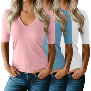 lot 2059 image: Ficerd 3 Pack Womens Half Sleeve V Neck T Shirts, Mid Elbow Length Sleeve Shirt Slim Fit Tunic Top Casual Summer Tee(Light Pink, Blue, White,X-Large)