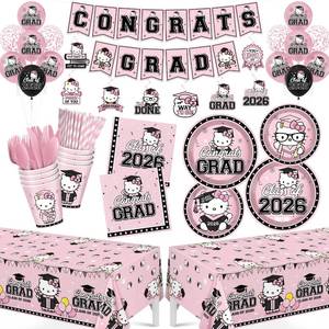 lot 2067 image: Pink Graduation Decorations, 249Pcs Graduation Party Tableware Supplies with Disposable Plates Napkins Cups Tablecloth and Congrats Grad Banner for Class of 2026 Party Decorations, Serves 24