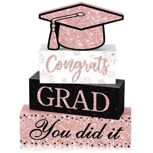 lot 2090 image: Cinnvoice 4 Pcs Graduation Table Decor 2026 Congrats Grad Centerpiece Class of 2026 Wood Sign Graduation Tiered Tray Decor Farmhouse Congratulate Gifts for Home Shelf Party Decorations(Pink Black)