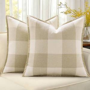 lot 2137 image: decorUhome Summer Buffalo Plaid Check Throw Pillow Covers 18x18 Set of 2 Outdoor Linen Decorative Farmhouse Gingham Pillow Covers with Stitched Edge for Bed Couch Sofa, Cream White and Beige
