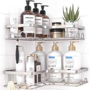 lot 2140 image: Sakugi Corner Shower Caddy - 2 Pack, Adhesive Shower Organizers, Rustproof Stainless Steel Shower Shelves with 8 Hooks, No Drilling Bathroom Organizers and Storage Racks, Space-Saving, Silver, Medium