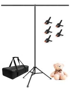 lot 3987 image: Hemmotop 7x5ft (HxW) T-Shape Photo Backdrop Stand, Portable Green Screen Stand Only with 5 Clip Clamps and Carry Bag, Adjustable Background Support Kit for Birthday, Baby Shower, Parties, Photoshoots