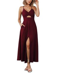 lot 4193 image: BTFBM Women 2026 Spaghetti Strap Midi Summer Dresses Sleeveless V Neck Cutout Slit Casual Beach Party Maxi Dress Pockets(Wine Red, Medium)