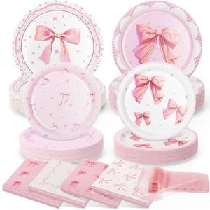 lot 4218 image: 200 Pcs Pink Bow Paper Plates and Napkins,Conquette Birthday Supplies - Plates,Napkins and Forks Tableware for Girls Bachelorette-Serve 50