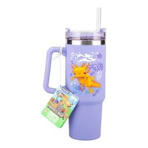 lot 4232 image: Paladone Minecraft Axolotl 900 ml Purple Insulated Cup and Straw, Officially Licensed Quencher Travel Cup with Handle for Iced Tea or Coffee, Gaming Merchandise