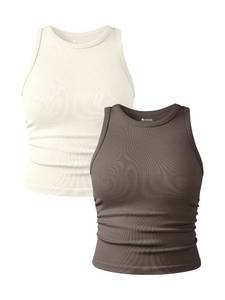 lot 4236 image: OQQ Womens 2 Piece Tank Tops Crew Neck Sleeveless Basic Stretch Casusal Yoga Crop Camis Tea Leaf Beige Large