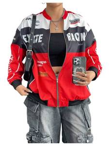 lot 4239 image: GORGLITTER Womens Plus Size Race Car Driver Jacket Oversized Zip Up Varsity Jacket Letter Motorcycle Biker Coats Black and Red 3X-Large Plus