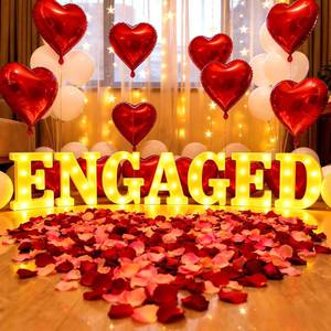 lot 5707 image: Peledic Engaged Decorations, Engaged Light Up Letters Sign with Rose Petals, Aluminum Balloons, Round Pearlescent Balloon, Double Sided Tape for Valentines Day Wedding Romantic Party