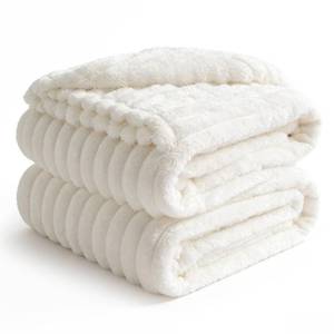 lot 5717 image: BEDELITE Blankets Queen Size for Bed, 300GSM Soft & Warm Fleece Blanket, Decorative and Giftable Striped Cream White Blankets for Women, Men, 90x90