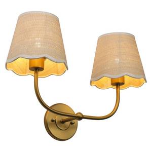lot 5740 image: Phansthy Industrial Hardwired Wall Sconce Vintage Farmhouse Wall Light, Boho Brass Finished Wall Lamps with Natural Rattan Woven Lampshade for Bedroom, Living Room (Antique Gold, Two-Light)