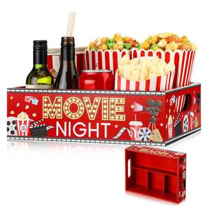 lot 5742 image: GlikCeil Movie Night Supplies Snack Trays with Handles Reusable Wooden Movie Gift Basket for Theater Popcorn Bucket Bowl Box Container Family Room Decor(Red,Cute)