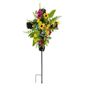 lot 5767 image: Svndlyn 32 Inch Solar Cross Stake Lighted Cemetery Stake with Sunflowers Daisies Colorful Wildflowers for Garden Cemetery Memorial