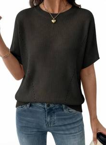 lot 6016 image: Dokotoo Womens Summer Tops Short Sleeve Sweater for Women Trendy Oversized Crewneck Off Shoulder Lightweight Knit Spring Business Casual T Shirts Blouses Loose Fit Clothes Clothing Black L