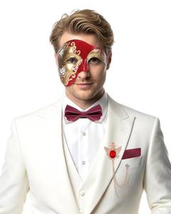 lot 6036 image: Zinniday 4 Pcs Masquerade Mask for Men, Gold Red Phantom of The Opera Mask Set with Brooch Bowtie Pocket Square, Opera Half Face Venetian Masks Kit for Halloween Carnival Party Accessory
