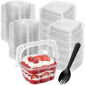 lot 6039 image: Yopay 50 Pack 15oz Small Dessert Cup with Lid and Handle, Plastic Square Tiramisu Cup, Clear Fruit Cake Parfait Cups with Sporks, DisposableCupcake Container Bowls for Pudding Mousse Yogurt
