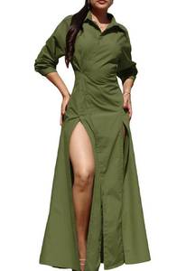 lot 6047 image: Ekaliy Womens Button Down Maxi Shirt Dress Double High Slits Long Sleeve Flowy Maxi Button-Up Dress Army Green L