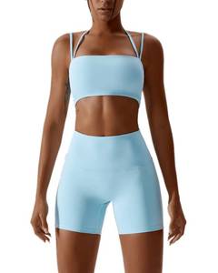 lot 6052 image: ABOCIW Workout Sets for Women Halter Bandeau Sport Bra Crop Tops High Waist Booty Shorts 2 Piece Gym Set Fitness Yoga Outfits Z-Light Blue Medium
