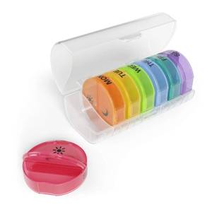 lot 6075 image: Ezy Dose Weekly (7-Day) Daily Pill Case, Medicine Planner, Vitamin Organizer Container, Travel Friendly, Easy to Use, X-Large Removable Individual Compartments, 2 Times a Day, Rainbow Lids, BPA Free