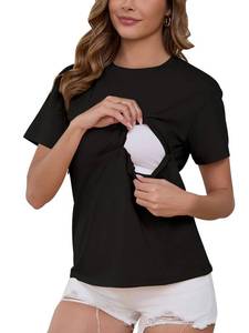 lot 6079 image: Ecavus Womens Zip Nursing Tops Short Sleeve Breastfeeding Shirts Comfortable Loose-Fit Mama Clothes Black size XL