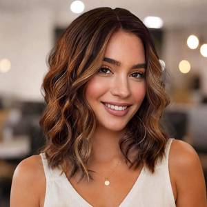 lot 6088 image: Eawwii Brown with Caramel Highlights Short Wavy Wig for Women Lace Hairline Bob Style Synthetic Heat Resistant - Natural Appearance for Everyday Hairstyle 14 Inch