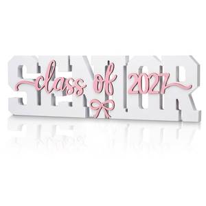 lot 6140 image: BreezeHug Coquette Pink Bow Large Senior 2027 Sign Class of 2027 Graduation Photo Booth Props Senior Night Table Decoration Wooden Sign with Pink Bow for Prom Party Centerpiece