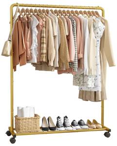 lot 7072 image: Sakugi Clothes Rack - Clothing Rack with Storage Mesh Shelf & Casters, Heavy-Duty Metal Clothing Rack for Hanging Clothes, Dresses, Coats, Large Load Capacity, Easy Assembly, Gold, 44.3x16.9x59.0